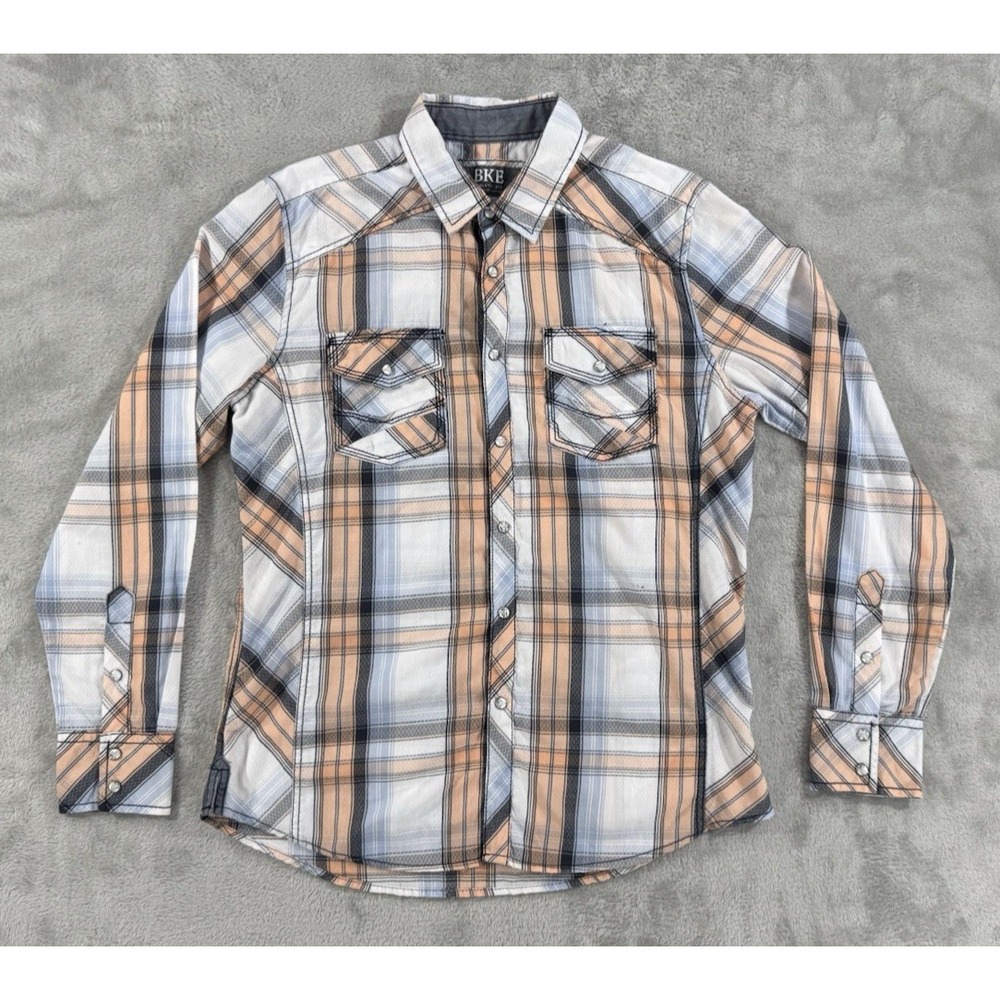 BKE Shirt Mens M Western‎ Pearl Snap Rodeo Cowboy Classic Breathable Blue Orange